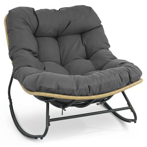 Outdoor Papasan Rocking Chair with Thick Cushioned Seat for Patio, Gray