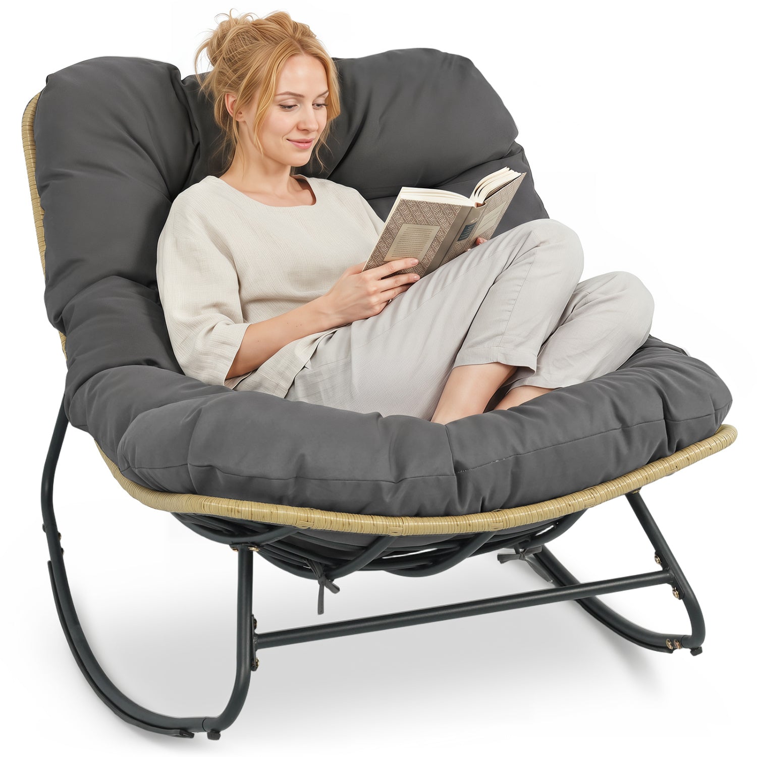 Outdoor Papasan Rocking Chair with Thick Cushioned Seat for Patio, Gray Patio Rocking Chairs & Gliders at Gallery Canada