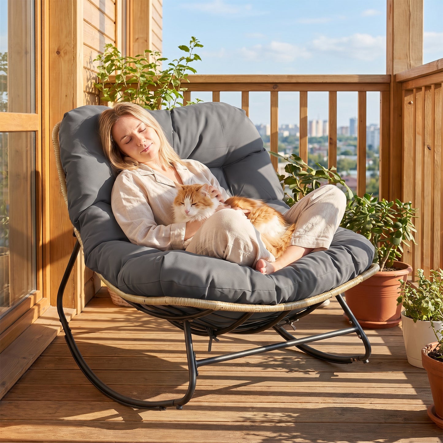 Outdoor Papasan Rocking Chair with Thick Cushioned Seat for Patio, Gray Patio Rocking Chairs & Gliders at Gallery Canada
