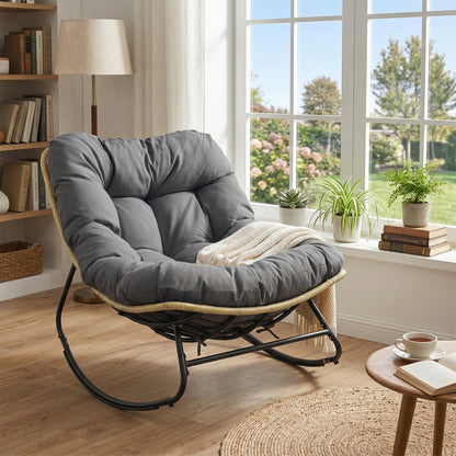 Outdoor Papasan Rocking Chair with Thick Cushioned Seat for Patio, Gray Patio Rocking Chairs & Gliders at Gallery Canada