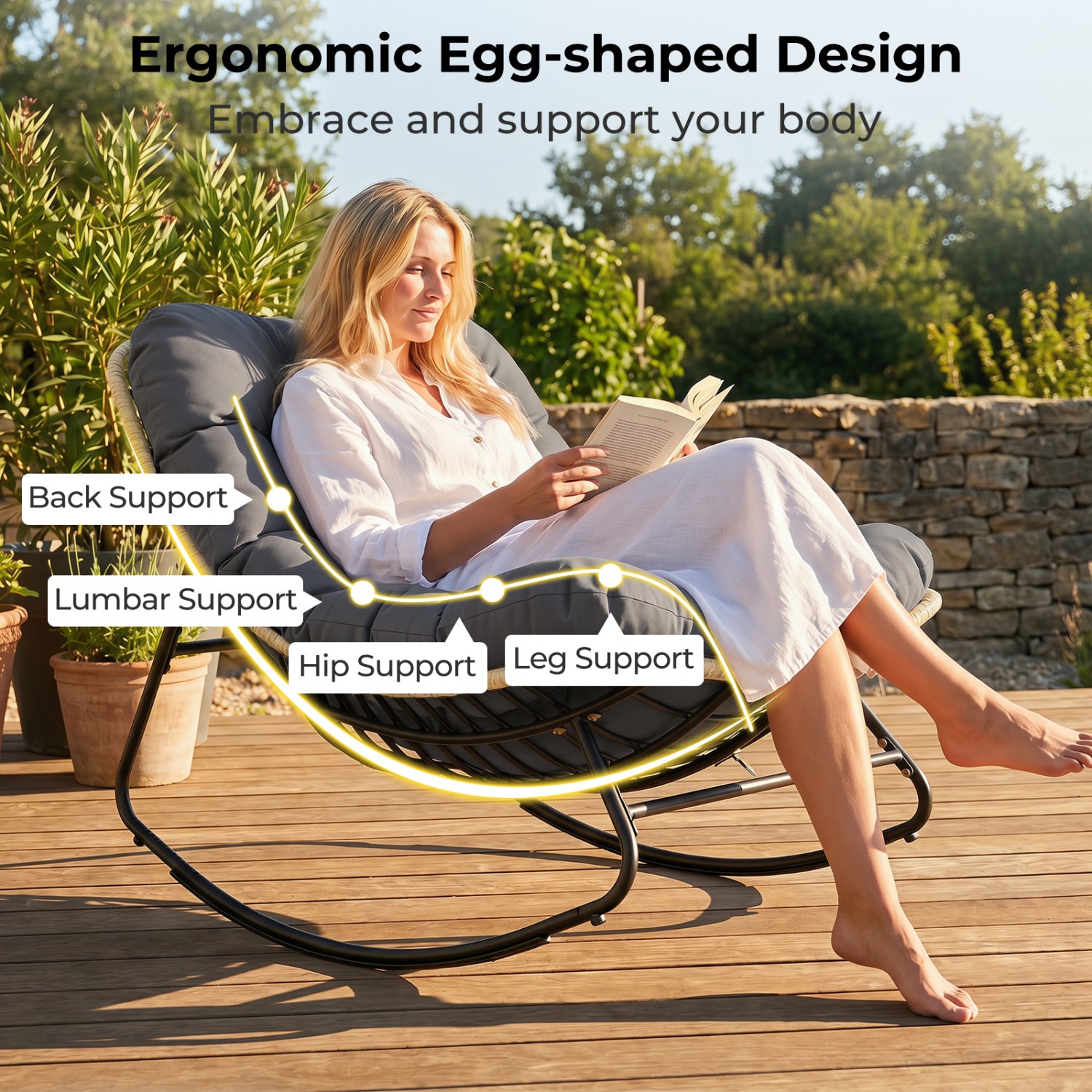 Outdoor Papasan Rocking Chair with Thick Cushioned Seat for Patio, Gray Patio Rocking Chairs & Gliders at Gallery Canada