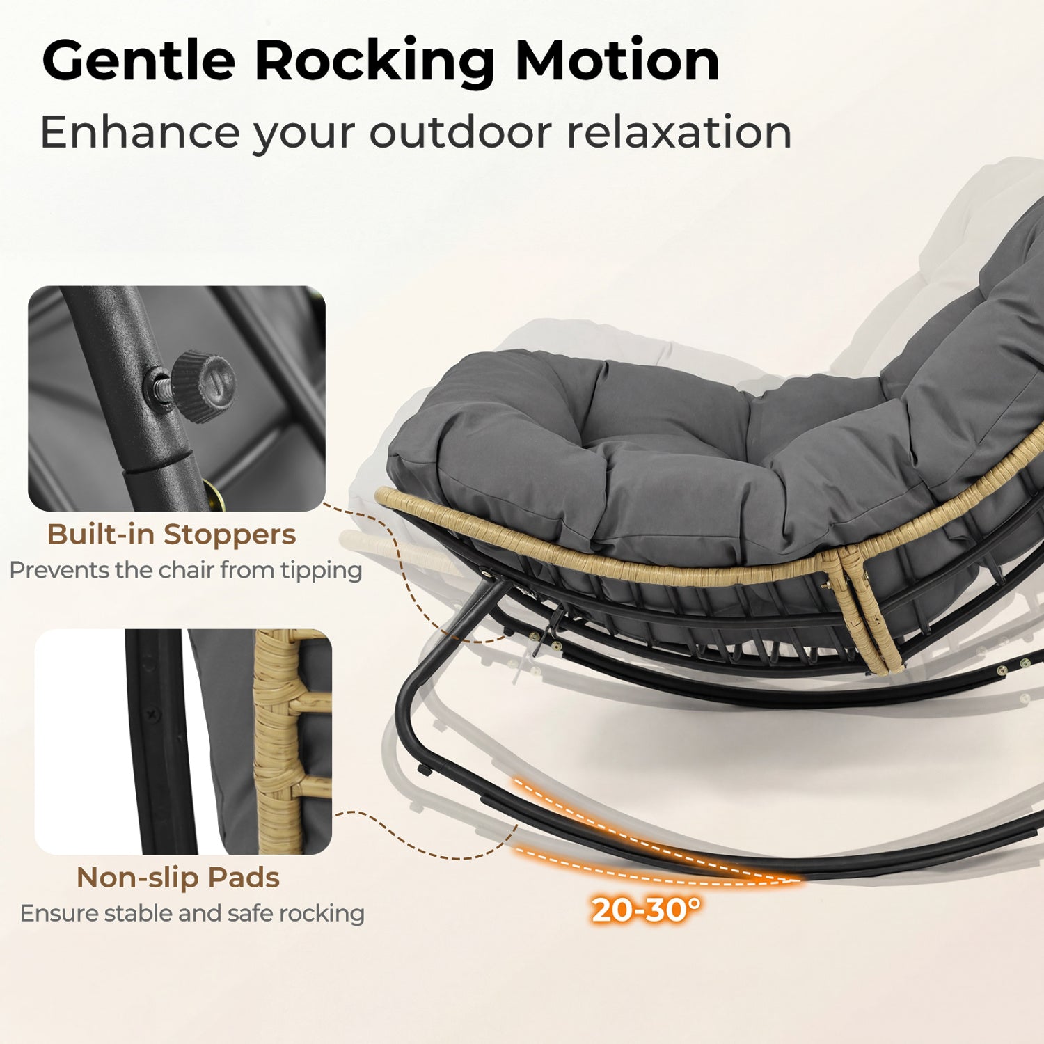 Outdoor Papasan Rocking Chair with Thick Cushioned Seat for Patio, Gray Patio Rocking Chairs & Gliders at Gallery Canada