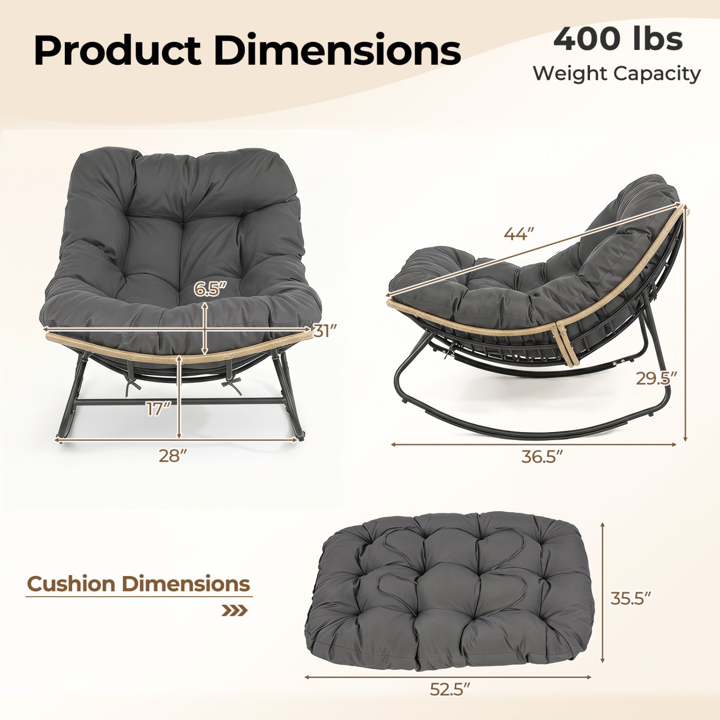 Outdoor Papasan Rocking Chair with Thick Cushioned Seat for Patio, Gray Patio Rocking Chairs & Gliders at Gallery Canada