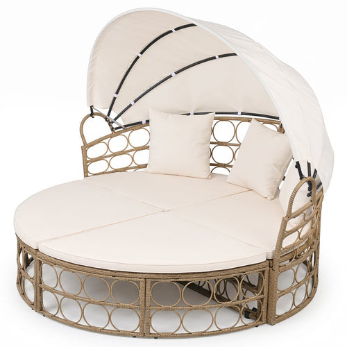 Outdoor Patio Daybed With Retractable Canopy, Wicker, White, Yellow