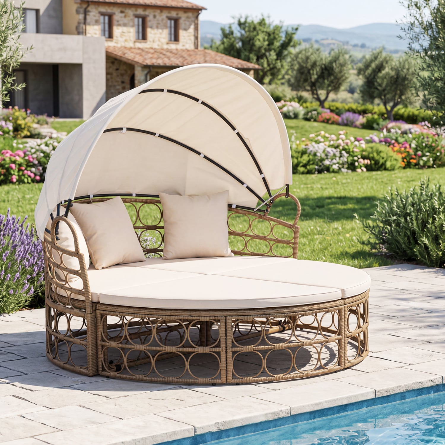 Outdoor Patio Daybed With Retractable Canopy, Wicker, White, Yellow Outdoor Chaise Lounges at Gallery Canada