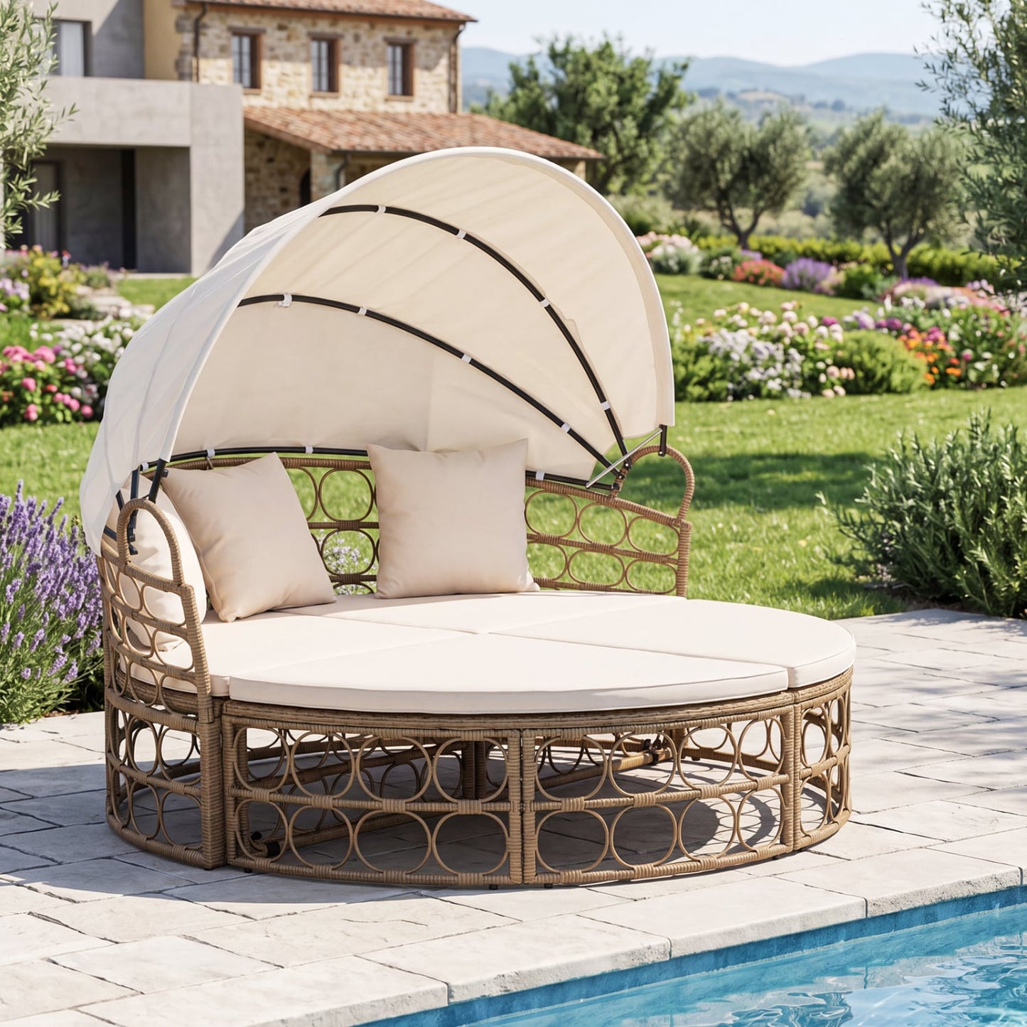 Outdoor Patio Daybed With Retractable Canopy, Wicker, White, Yellow Outdoor Chaise Lounges at Gallery Canada