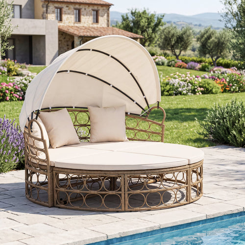 Outdoor Patio Daybed With Retractable Canopy, Wicker, White, Yellow