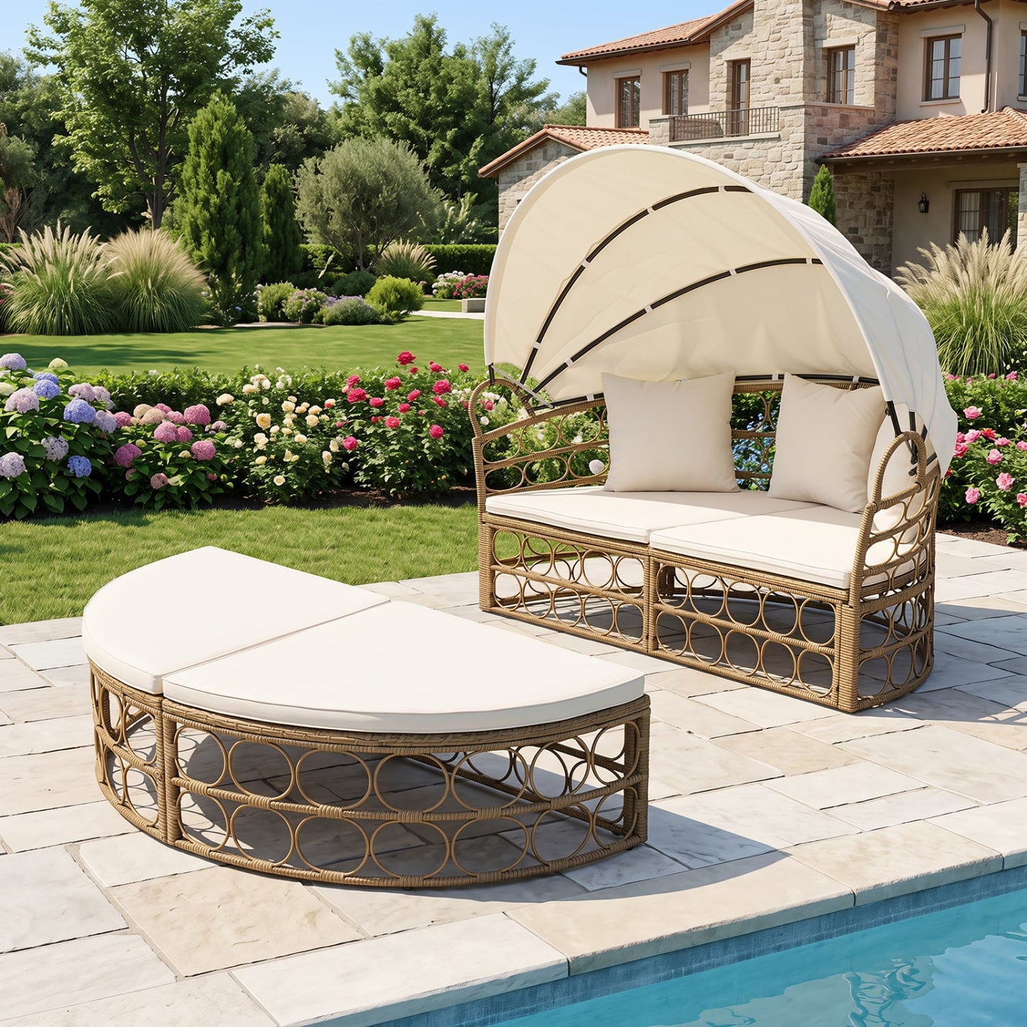 Outdoor Patio Daybed With Retractable Canopy, Wicker, White, Yellow Outdoor Chaise Lounges at Gallery Canada