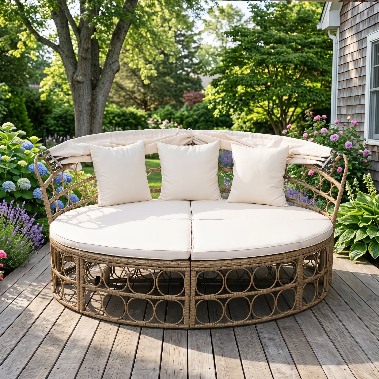 Outdoor Patio Daybed With Retractable Canopy, Wicker, White, Yellow Outdoor Chaise Lounges at Gallery Canada