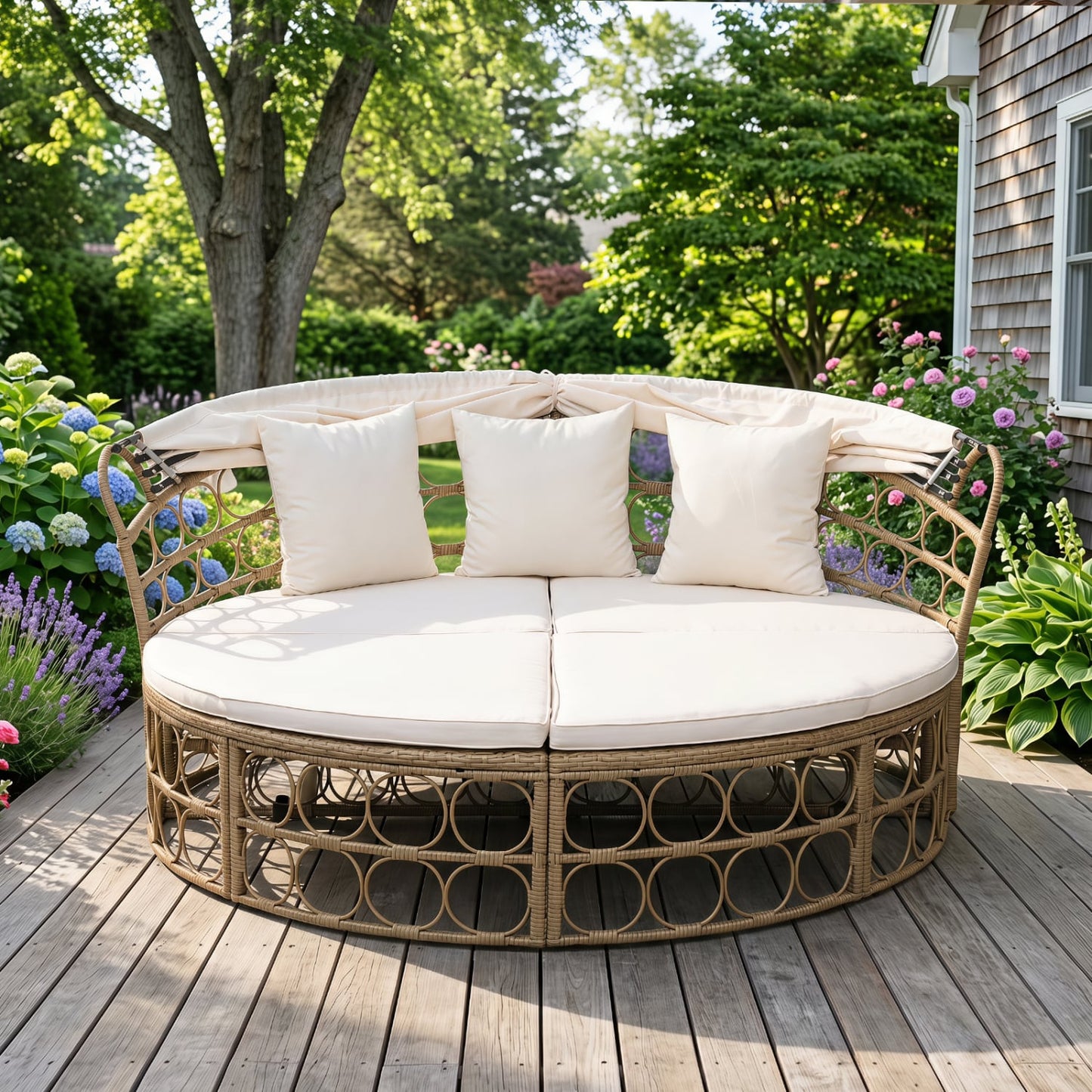 Outdoor Patio Daybed With Retractable Canopy, Wicker, White, Yellow Outdoor Chaise Lounges at Gallery Canada