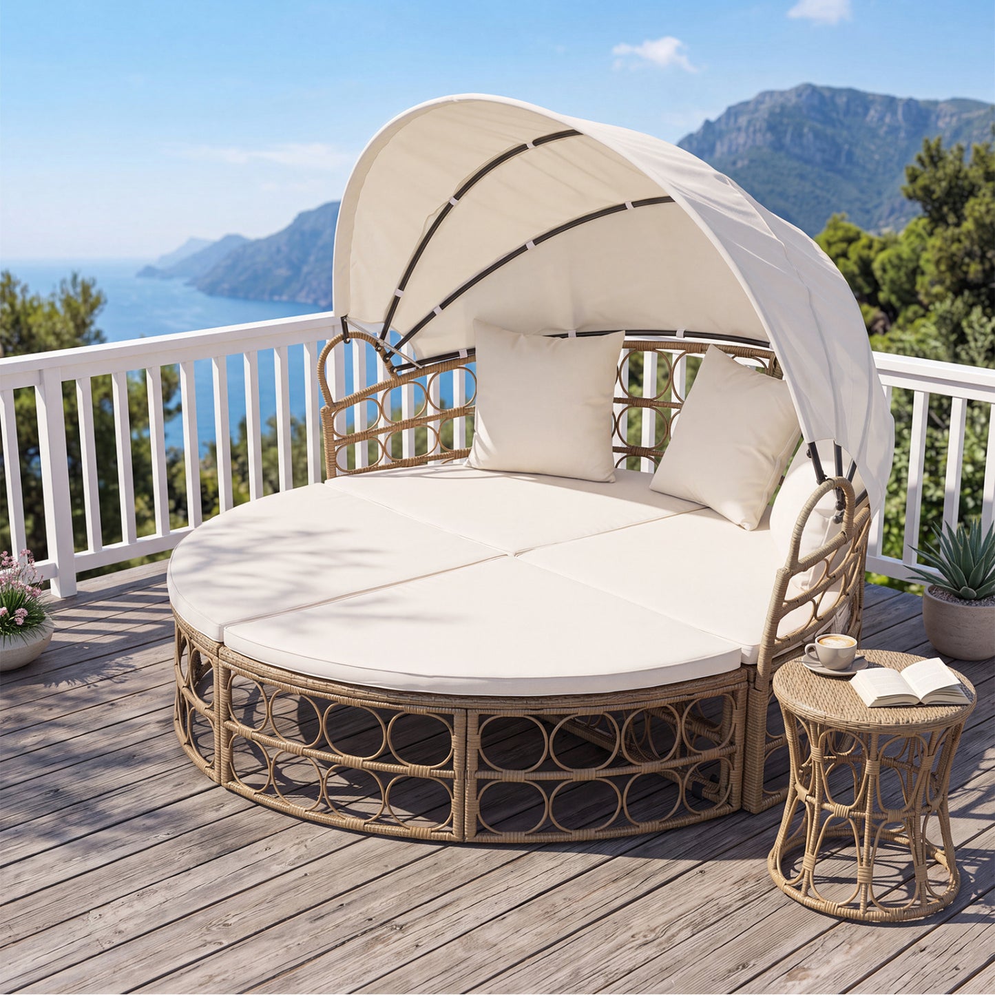 Outdoor Patio Daybed With Retractable Canopy, Wicker, White, Yellow Outdoor Chaise Lounges at Gallery Canada