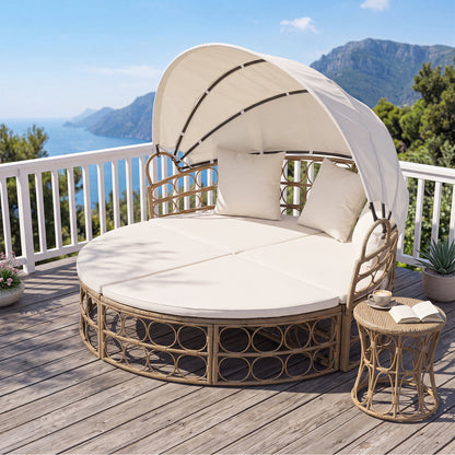Outdoor Patio Daybed With Retractable Canopy, Wicker, White, Yellow Outdoor Chaise Lounges at Gallery Canada