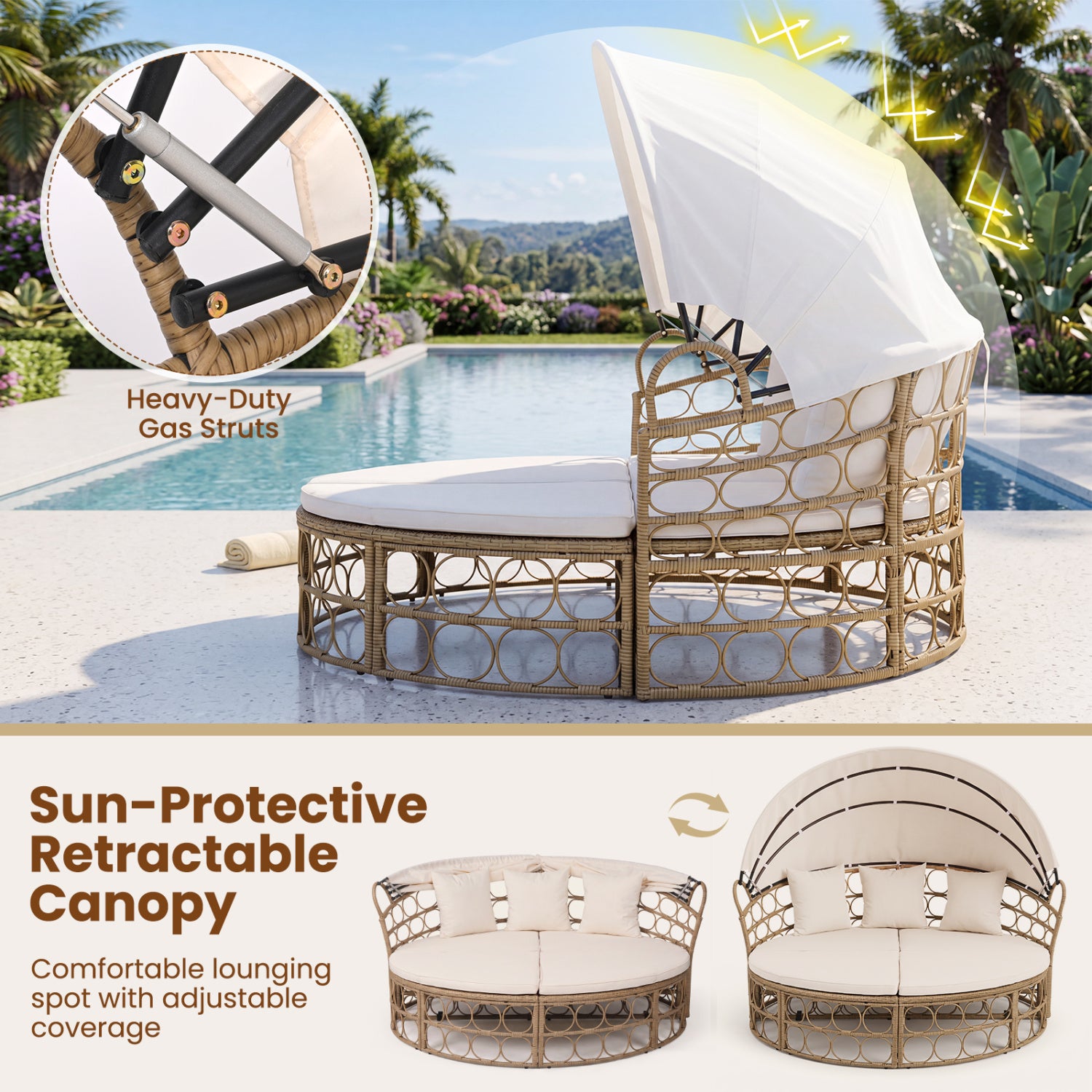 Outdoor Patio Daybed With Retractable Canopy, Wicker, White, Yellow Outdoor Chaise Lounges at Gallery Canada