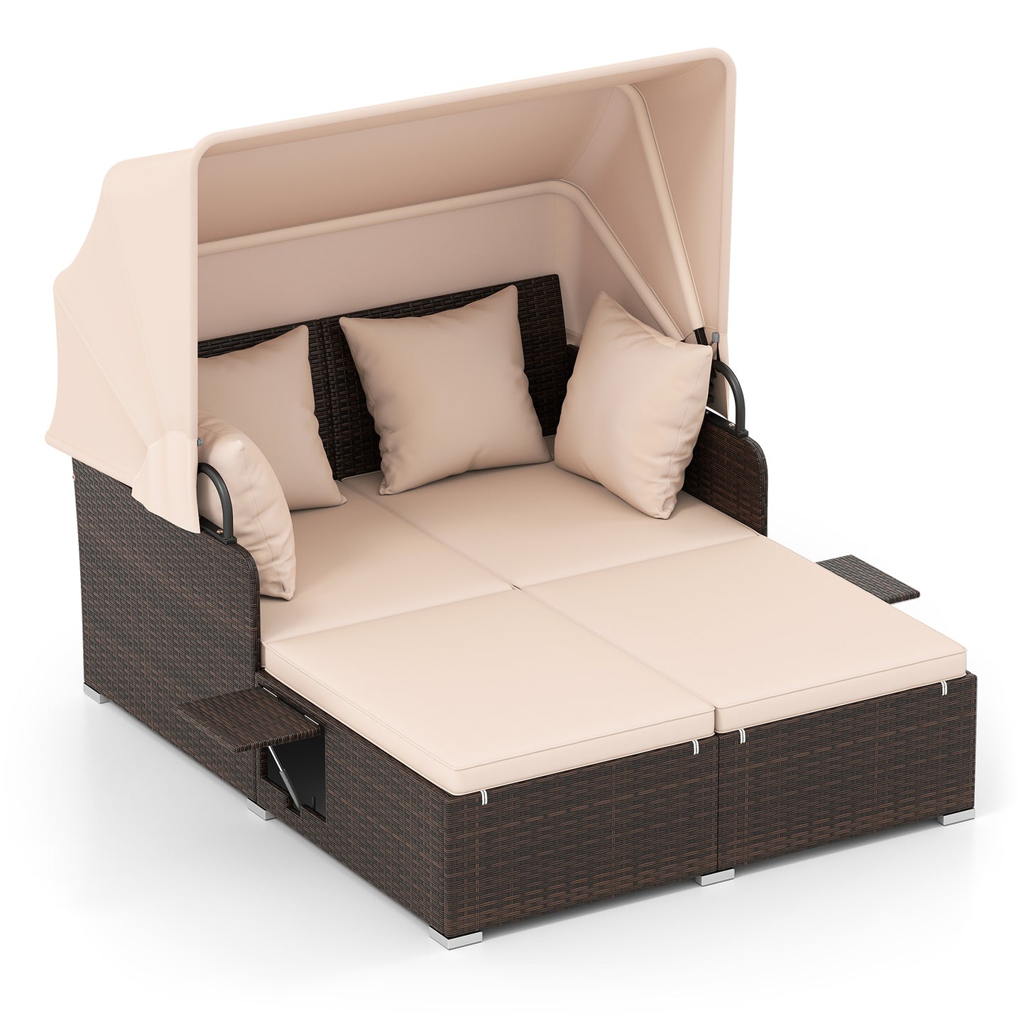 Outdoor Patio Rattan Daybed with Retractable Canopy and Side Tables, Beige Outdoor Sectionals Beige at Gallery Canada