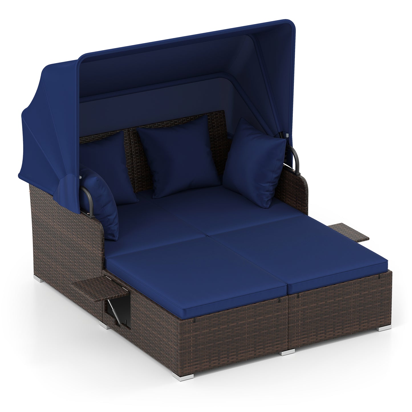 Outdoor Patio Rattan Daybed with Retractable Canopy and Side Tables, Navy Outdoor Sectionals Navy at Gallery Canada
