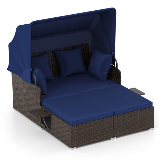 Outdoor Patio Rattan Daybed with Retractable Canopy and Side Tables, Navy Outdoor Sectionals Navy at Gallery Canada