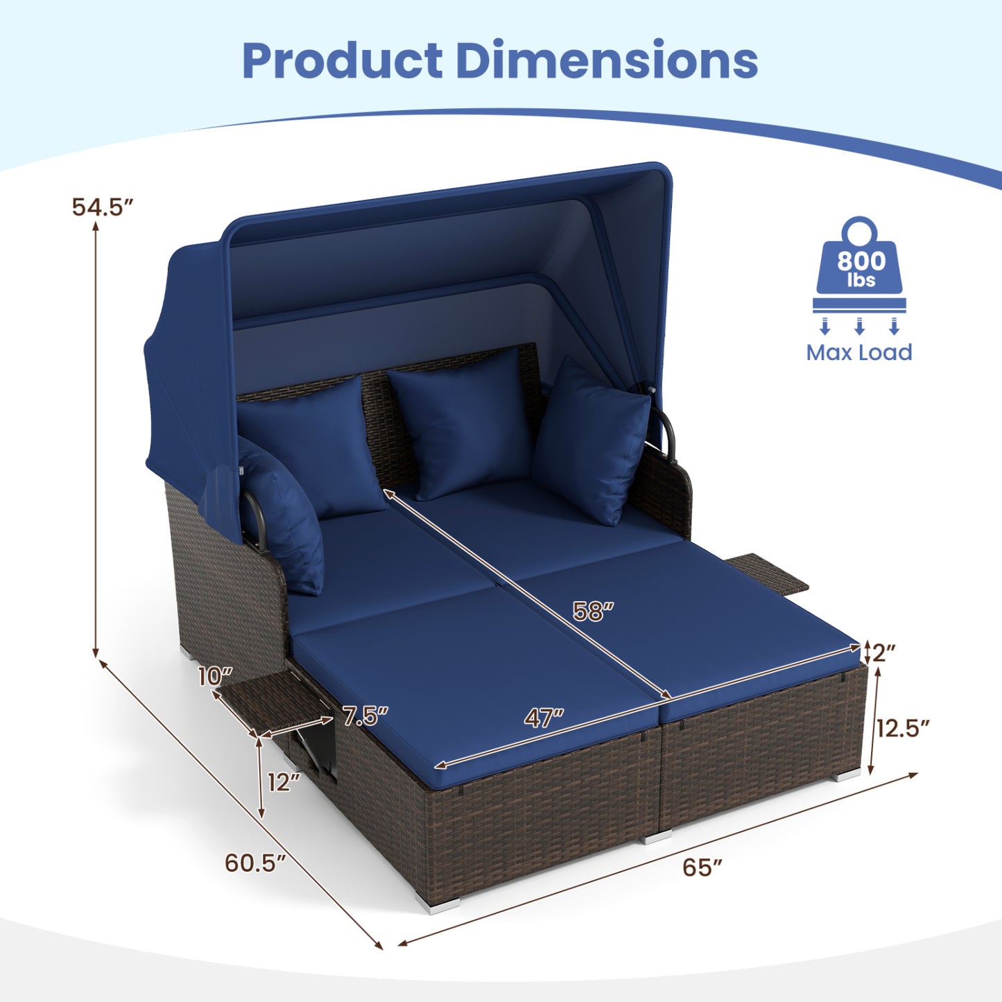 Outdoor Patio Rattan Daybed with Retractable Canopy and Side Tables, Navy Outdoor Sectionals at Gallery Canada