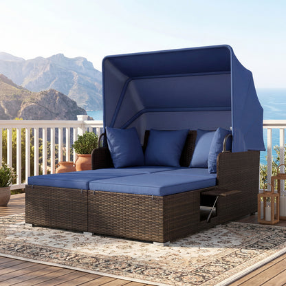 Outdoor Patio Rattan Daybed with Retractable Canopy and Side Tables, Navy Outdoor Sectionals at Gallery Canada