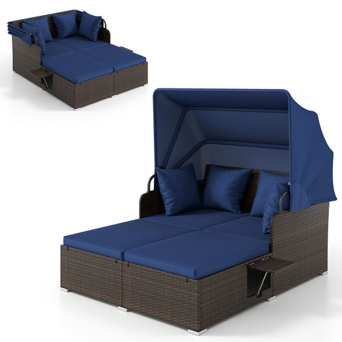 Outdoor Patio Rattan Daybed with Retractable Canopy and Side Tables, Navy