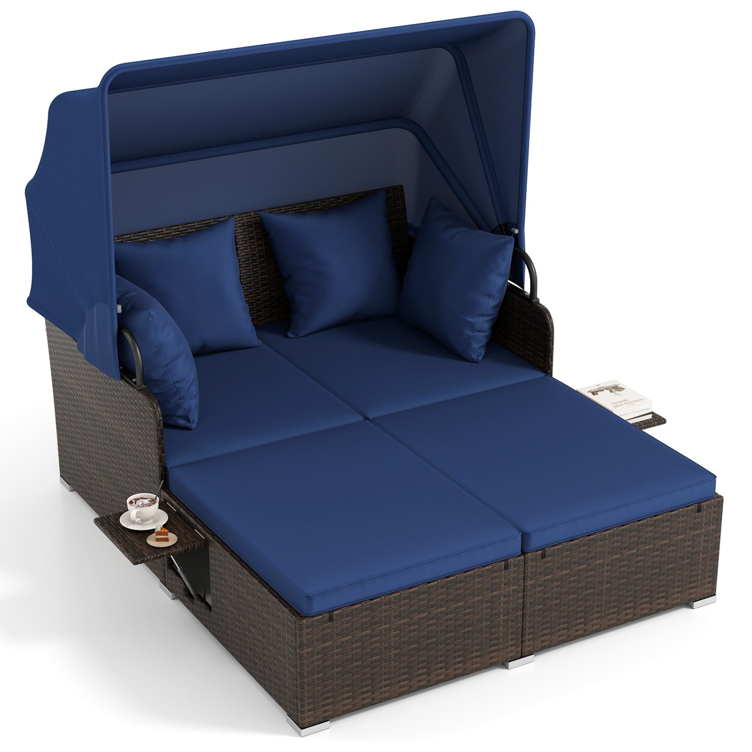 Outdoor Patio Rattan Daybed with Retractable Canopy and Side Tables, Navy Outdoor Sectionals at Gallery Canada