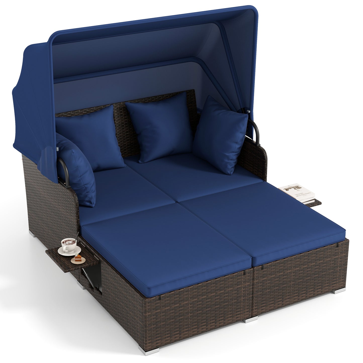 Outdoor Patio Rattan Daybed with Retractable Canopy and Side Tables, Navy Outdoor Sectionals at Gallery Canada