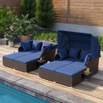 Outdoor Patio Rattan Daybed with Retractable Canopy and Side Tables, Navy Outdoor Sectionals at Gallery Canada