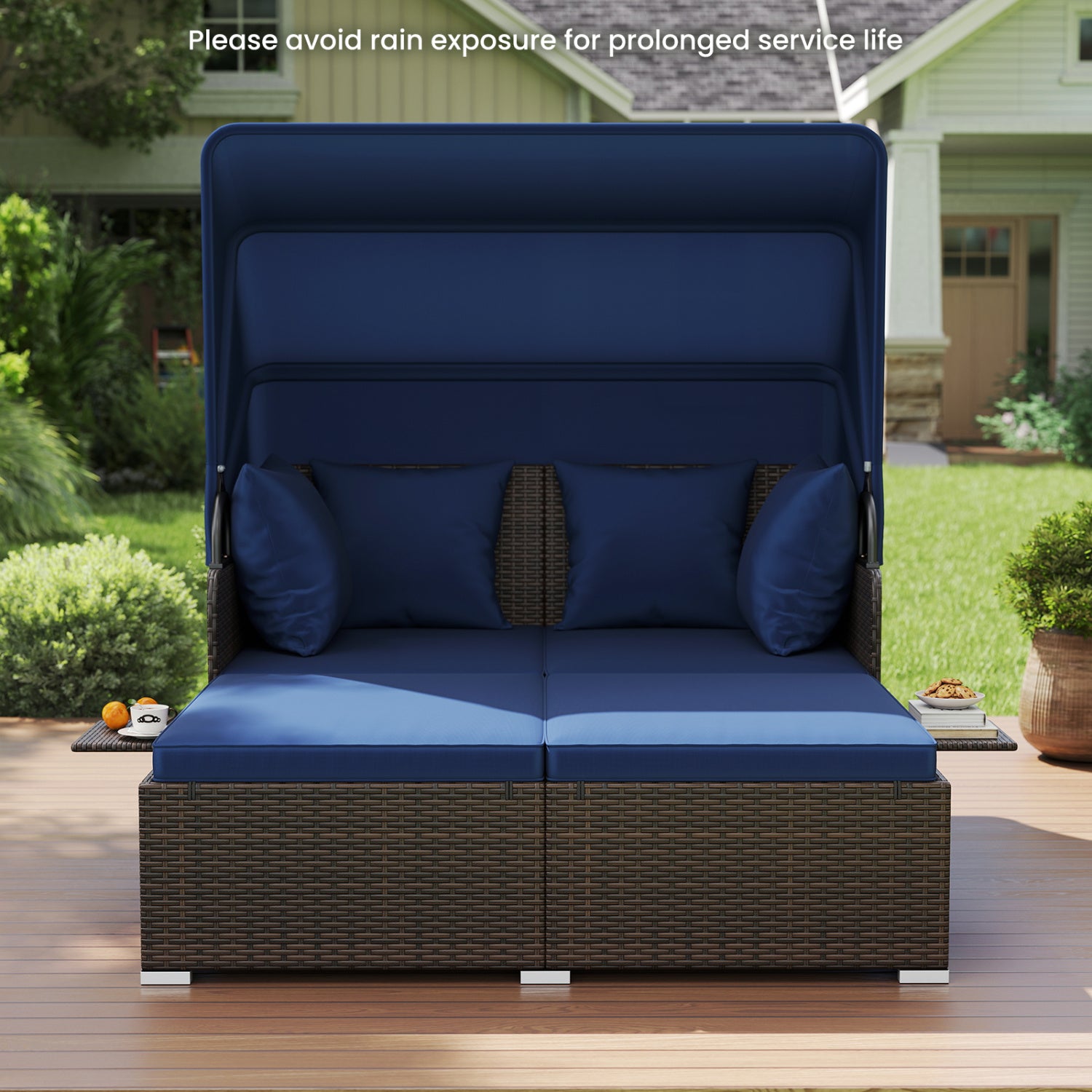 Outdoor Patio Rattan Daybed with Retractable Canopy and Side Tables, Navy Outdoor Sectionals at Gallery Canada