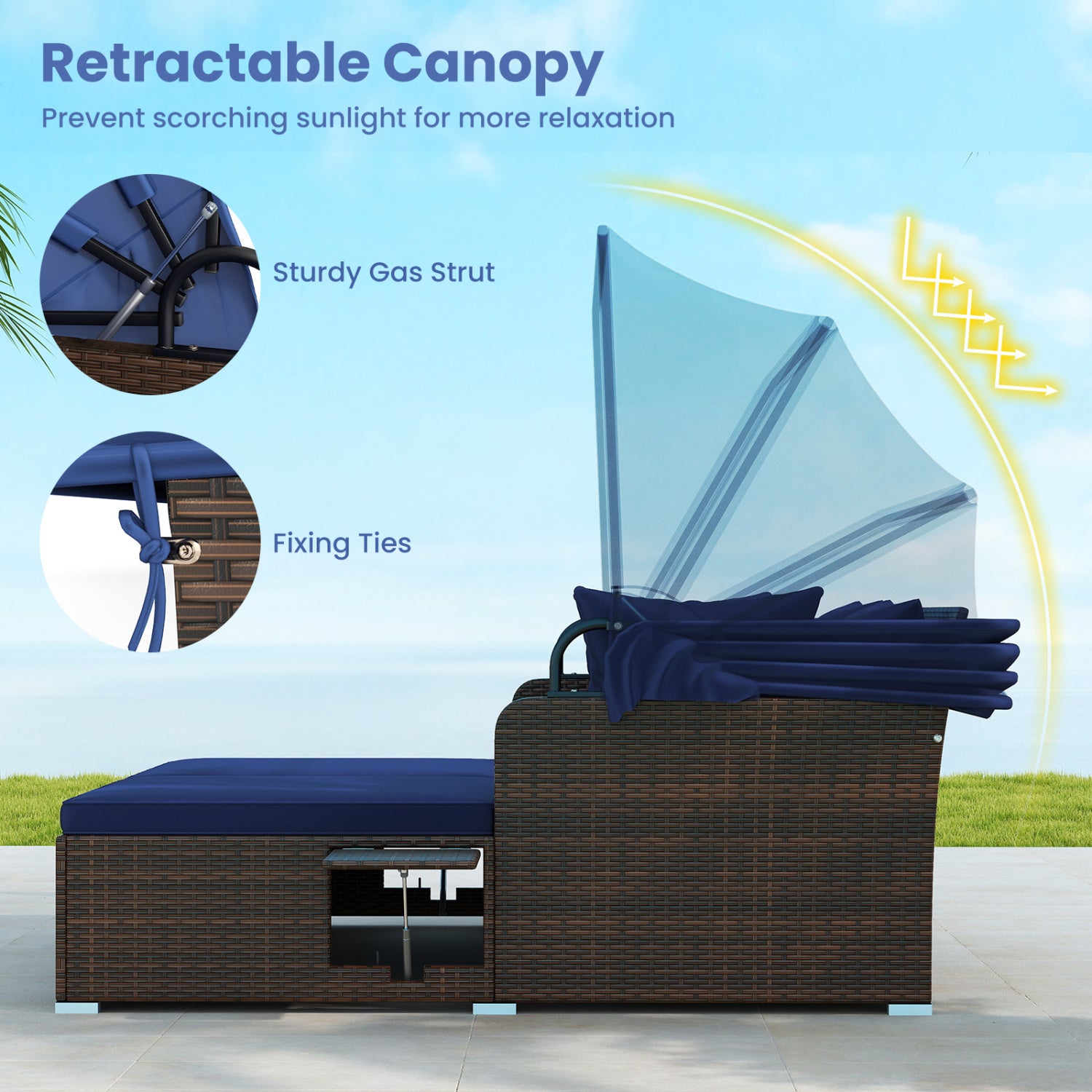 Outdoor Patio Rattan Daybed with Retractable Canopy and Side Tables, Navy Outdoor Sectionals at Gallery Canada