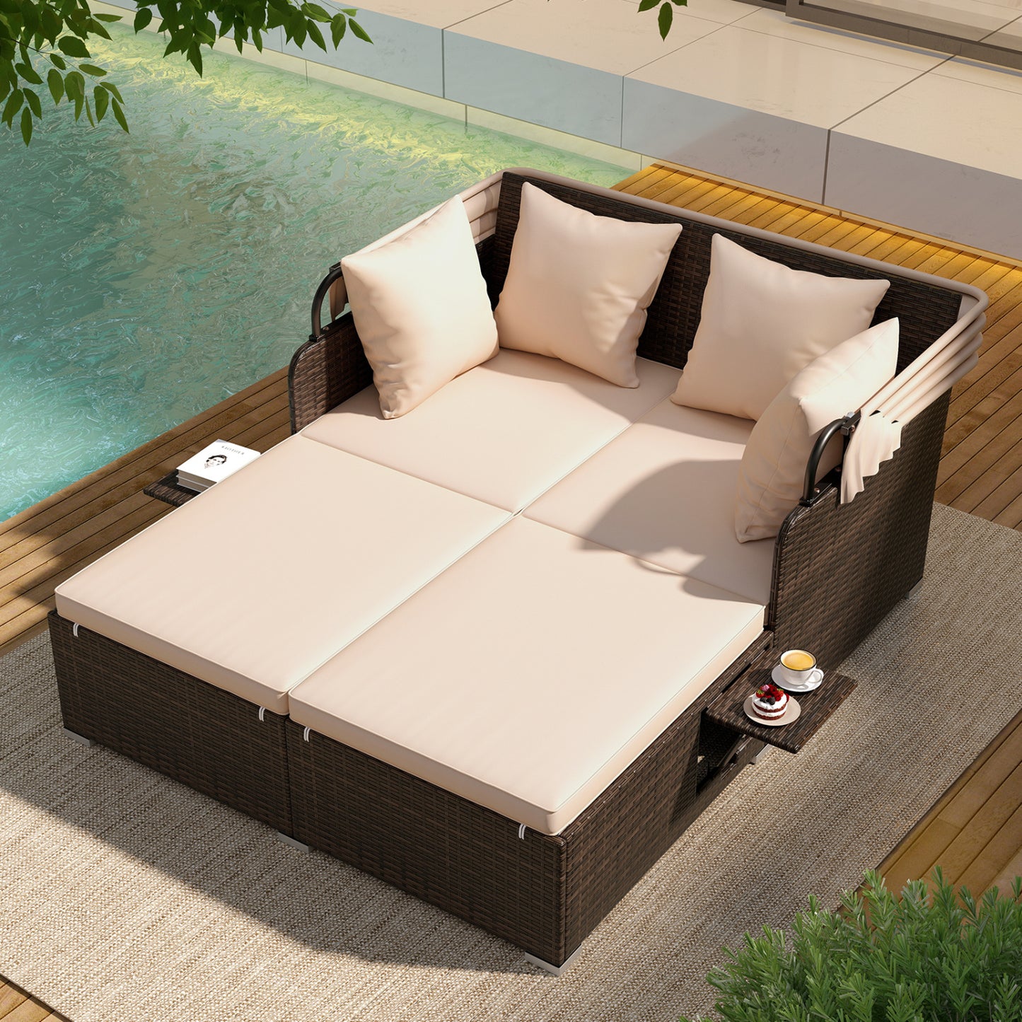 Outdoor Patio Rattan Daybed with Retractable Canopy and Side Tables, Beige Outdoor Sectionals at Gallery Canada