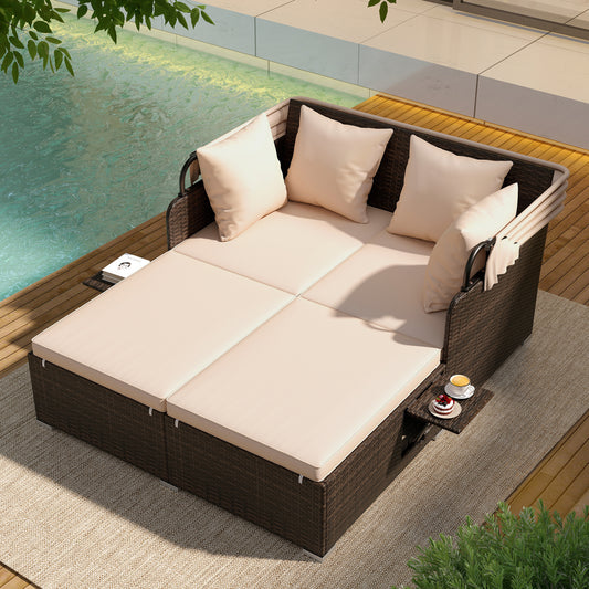 Outdoor Patio Rattan Daybed with Retractable Canopy and Side Tables, Beige Outdoor Sectionals Beige at Gallery Canada