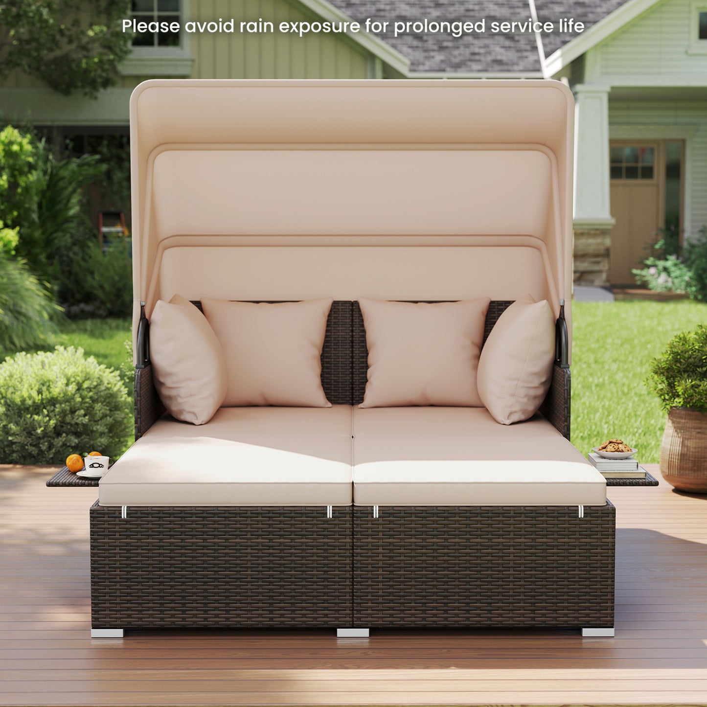 Outdoor Patio Rattan Daybed with Retractable Canopy and Side Tables, Beige Outdoor Sectionals at Gallery Canada