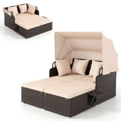 Outdoor Patio Rattan Daybed with Retractable Canopy and Side Tables, Beige Outdoor Sectionals at Gallery Canada