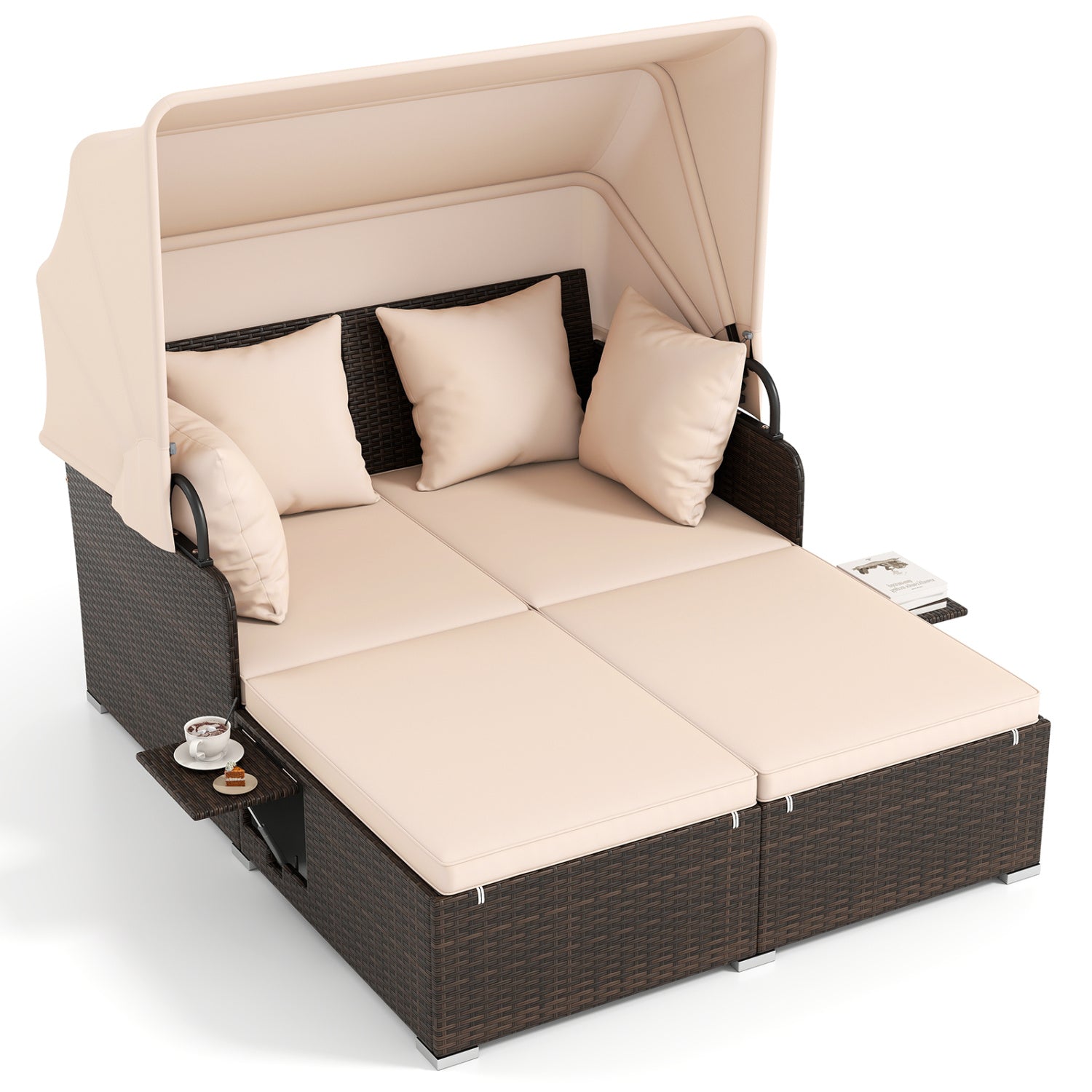 Outdoor Patio Rattan Daybed with Retractable Canopy and Side Tables, Beige Outdoor Sectionals at Gallery Canada