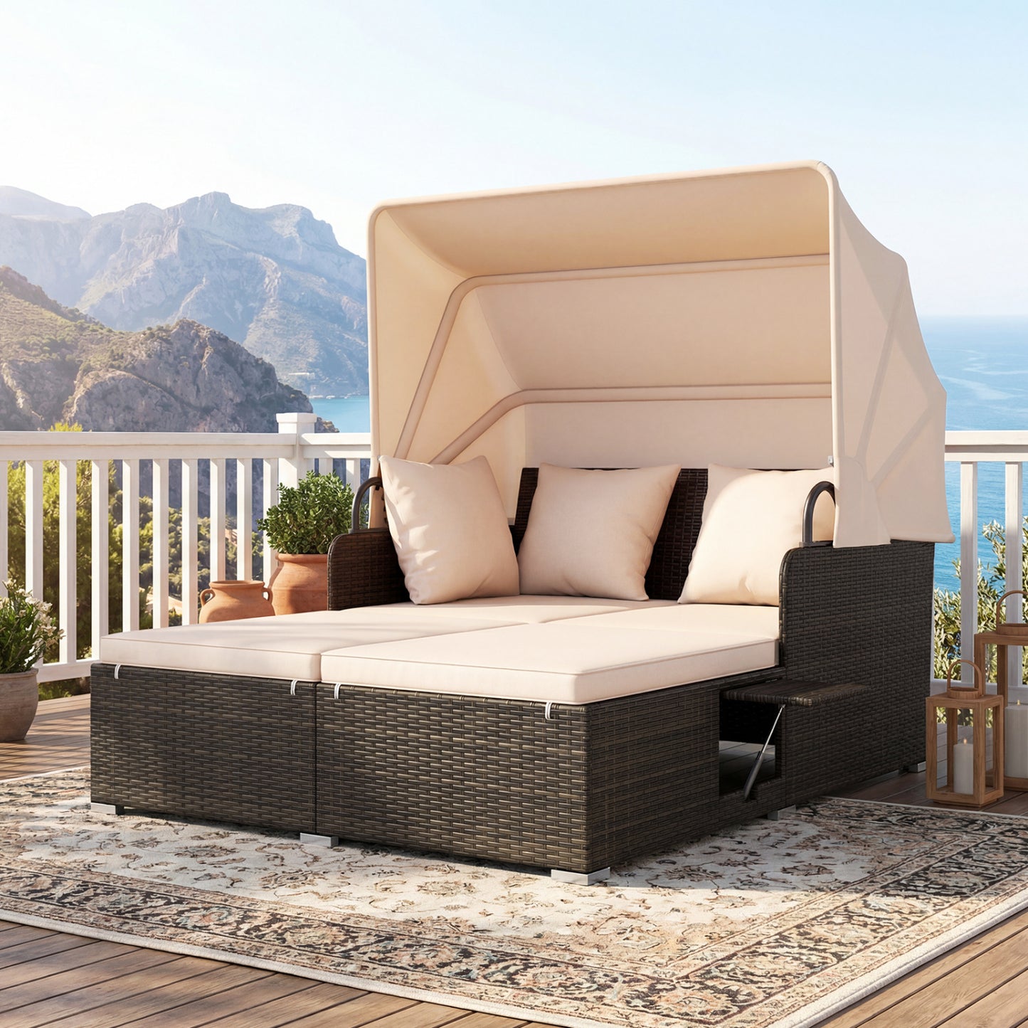 Outdoor Patio Rattan Daybed with Retractable Canopy and Side Tables, Beige Outdoor Sectionals at Gallery Canada