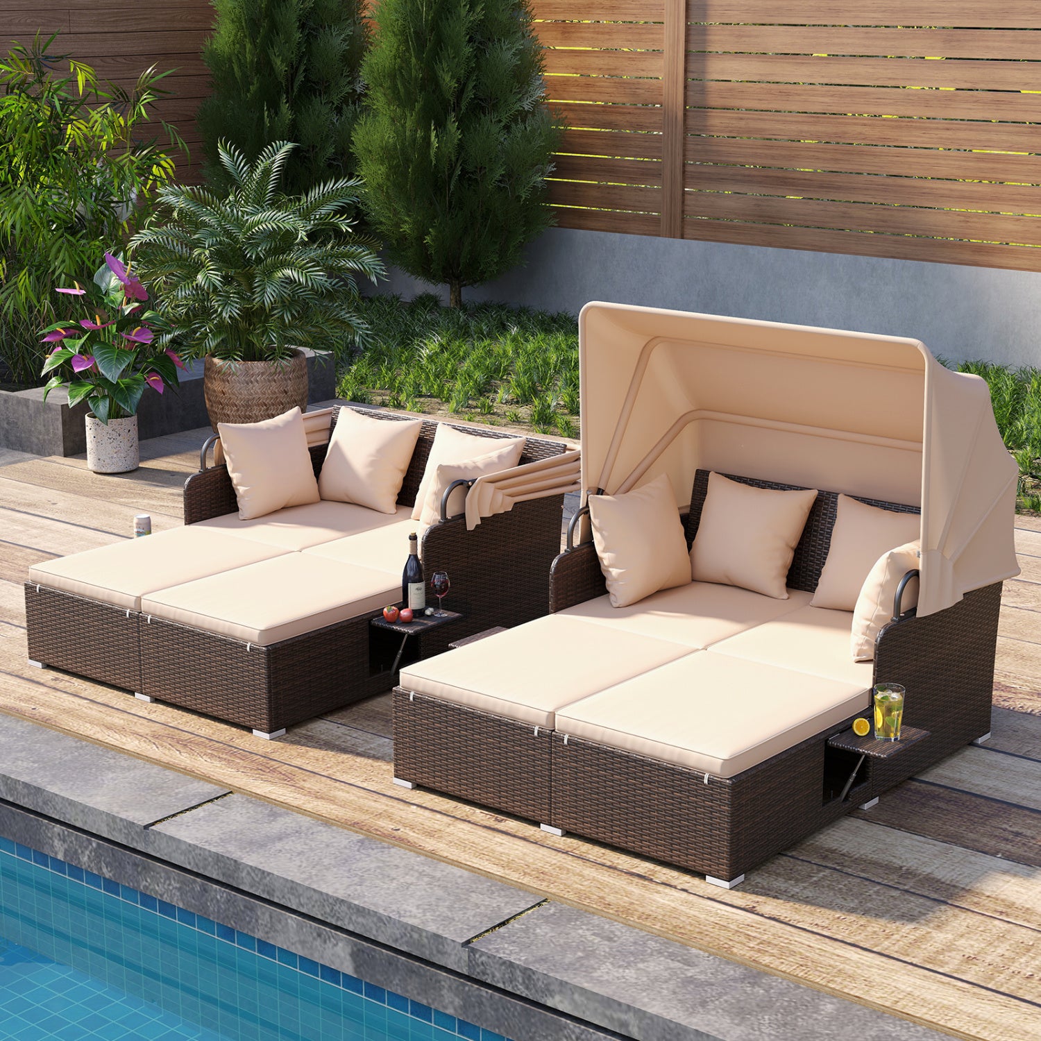Outdoor Patio Rattan Daybed with Retractable Canopy and Side Tables, Beige Outdoor Sectionals at Gallery Canada