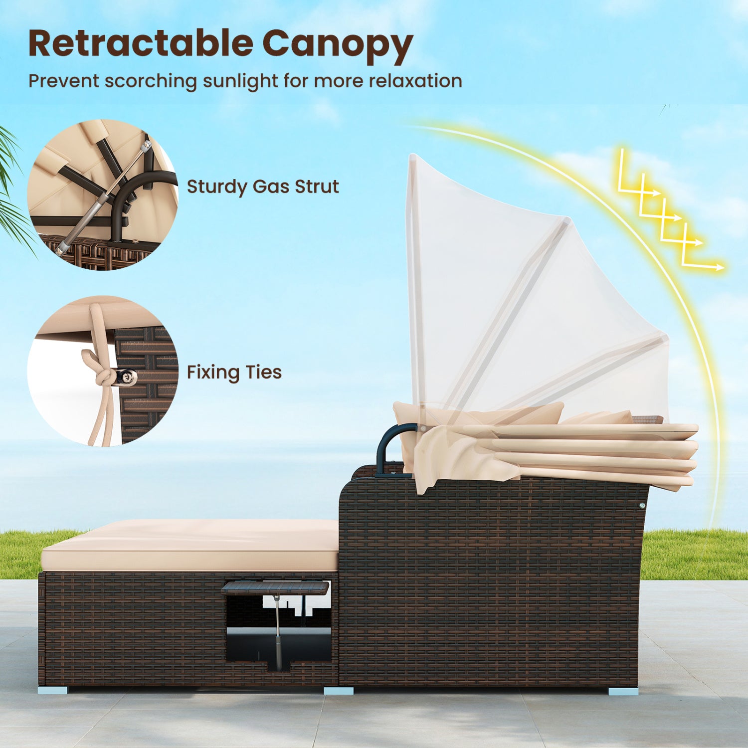 Outdoor Patio Rattan Daybed with Retractable Canopy and Side Tables, Beige Outdoor Sectionals at Gallery Canada