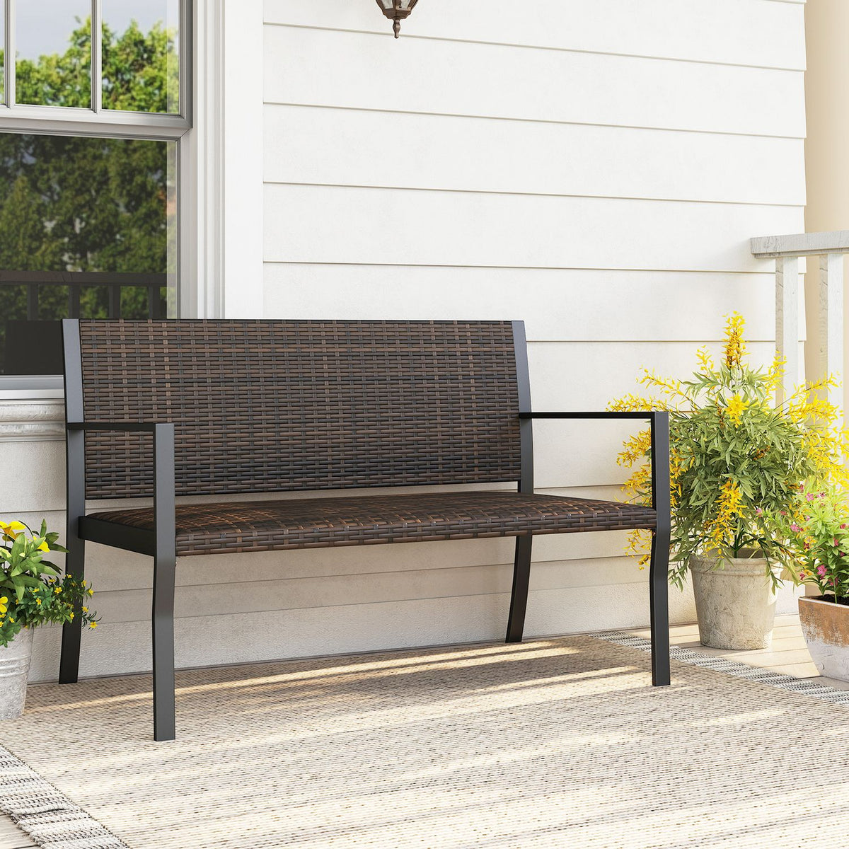 Banc de patio en rotin osier avec accoudoirs, noir