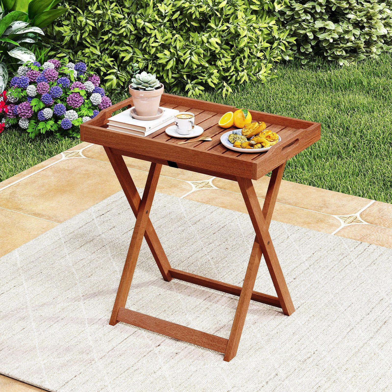 Outdoor Patio Solid Wood Tray Table with Removable Top No Assembly Required, Natural Patio Coffee Tables at Gallery Canada