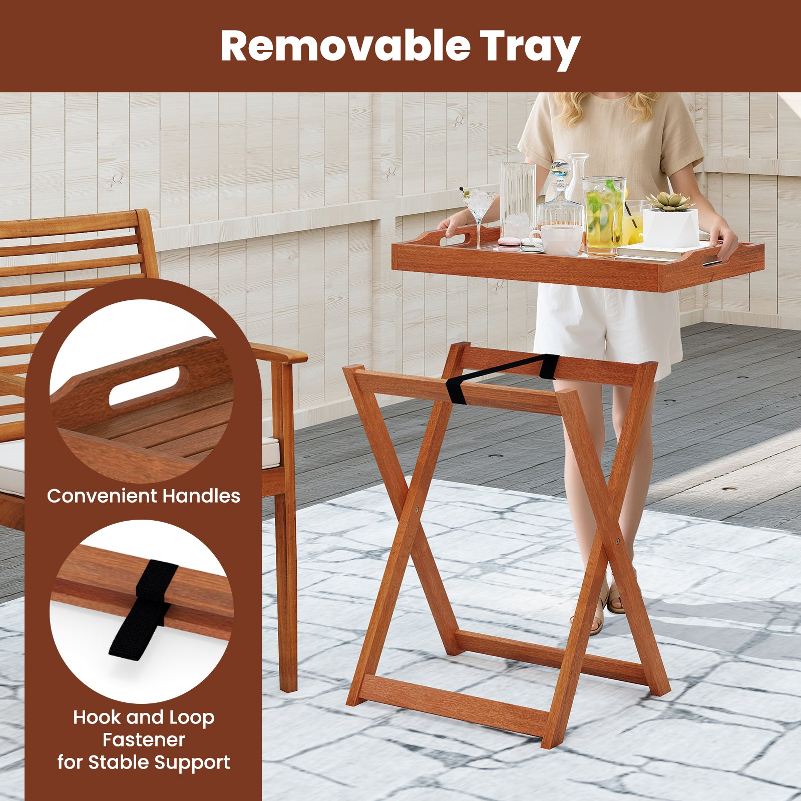 Outdoor Patio Solid Wood Tray Table with Removable Top No Assembly Required, Natural Patio Coffee Tables at Gallery Canada