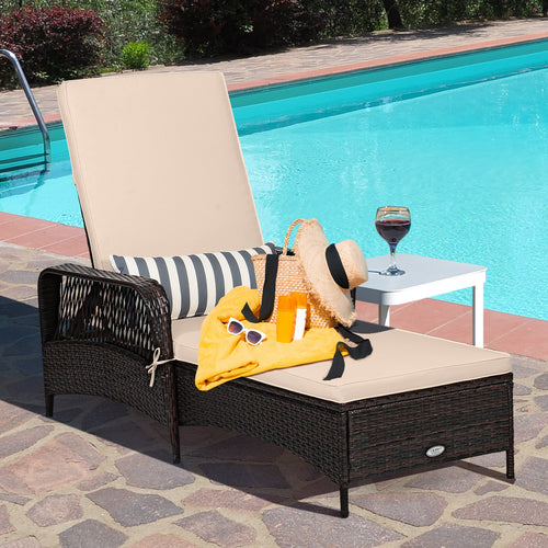 Outdoor Patio Wicker Chaise Lounge Chair with Adjustable Backrest and Pillow, Beige