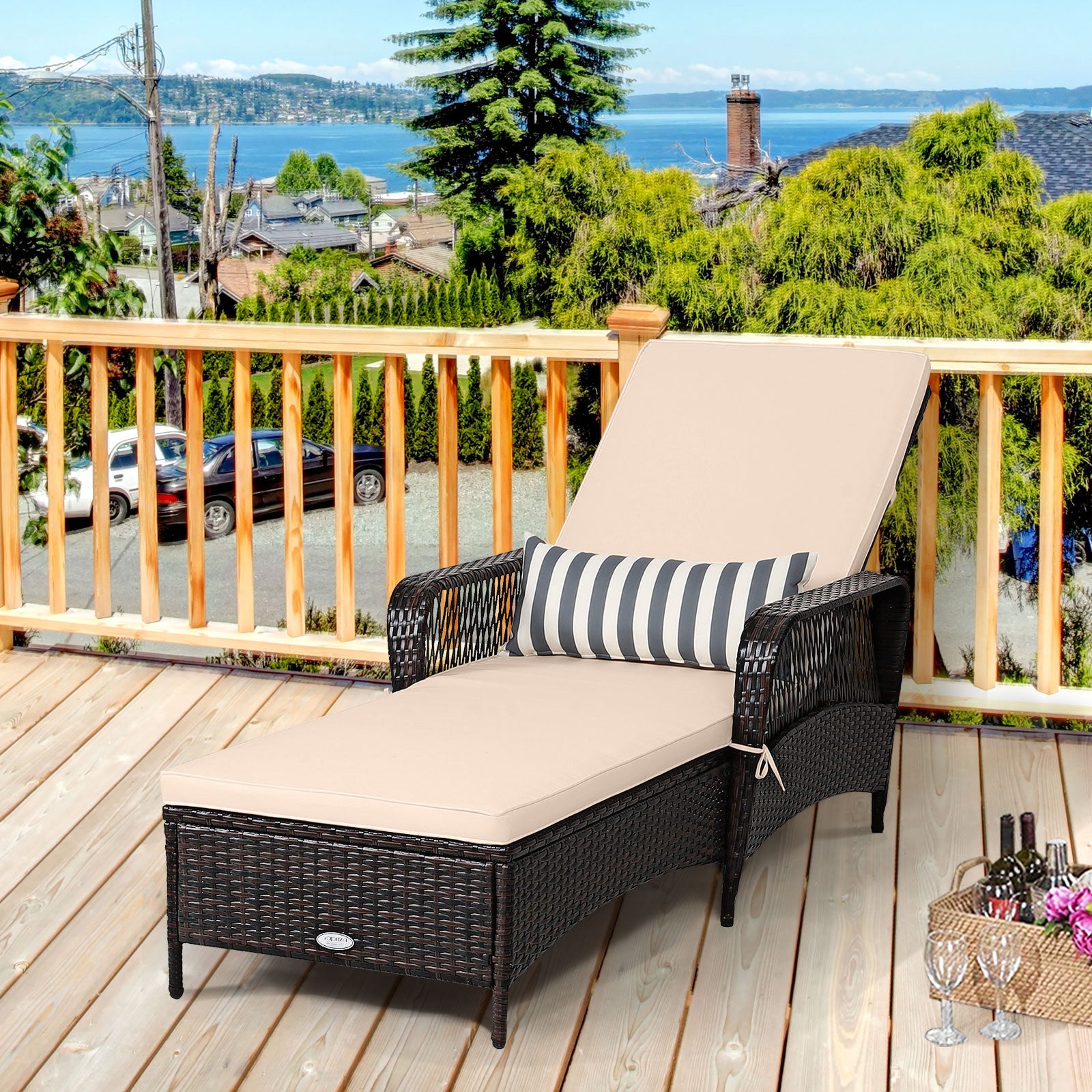 Outdoor Patio Wicker Chaise Lounge Chair with Adjustable Backrest and Pillow, Beige Outdoor Chaise Lounges at Gallery Canada