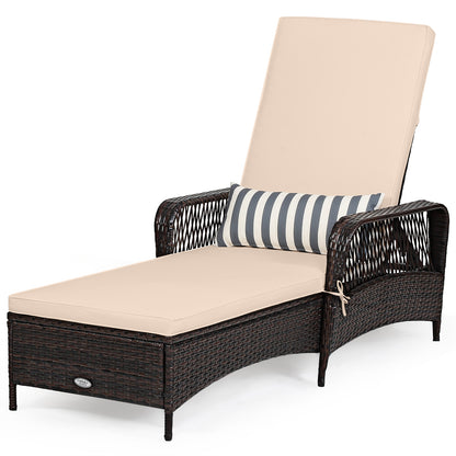 Outdoor Patio Wicker Chaise Lounge Chair with Adjustable Backrest and Pillow, Beige Outdoor Chaise Lounges at Gallery Canada