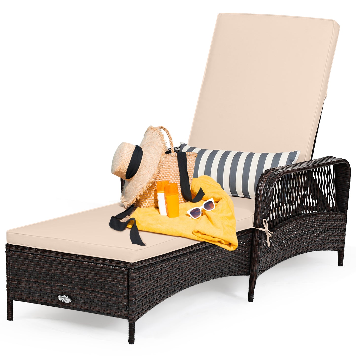 Outdoor Patio Wicker Chaise Lounge Chair with Adjustable Backrest and Pillow, Beige Outdoor Chaise Lounges at Gallery Canada