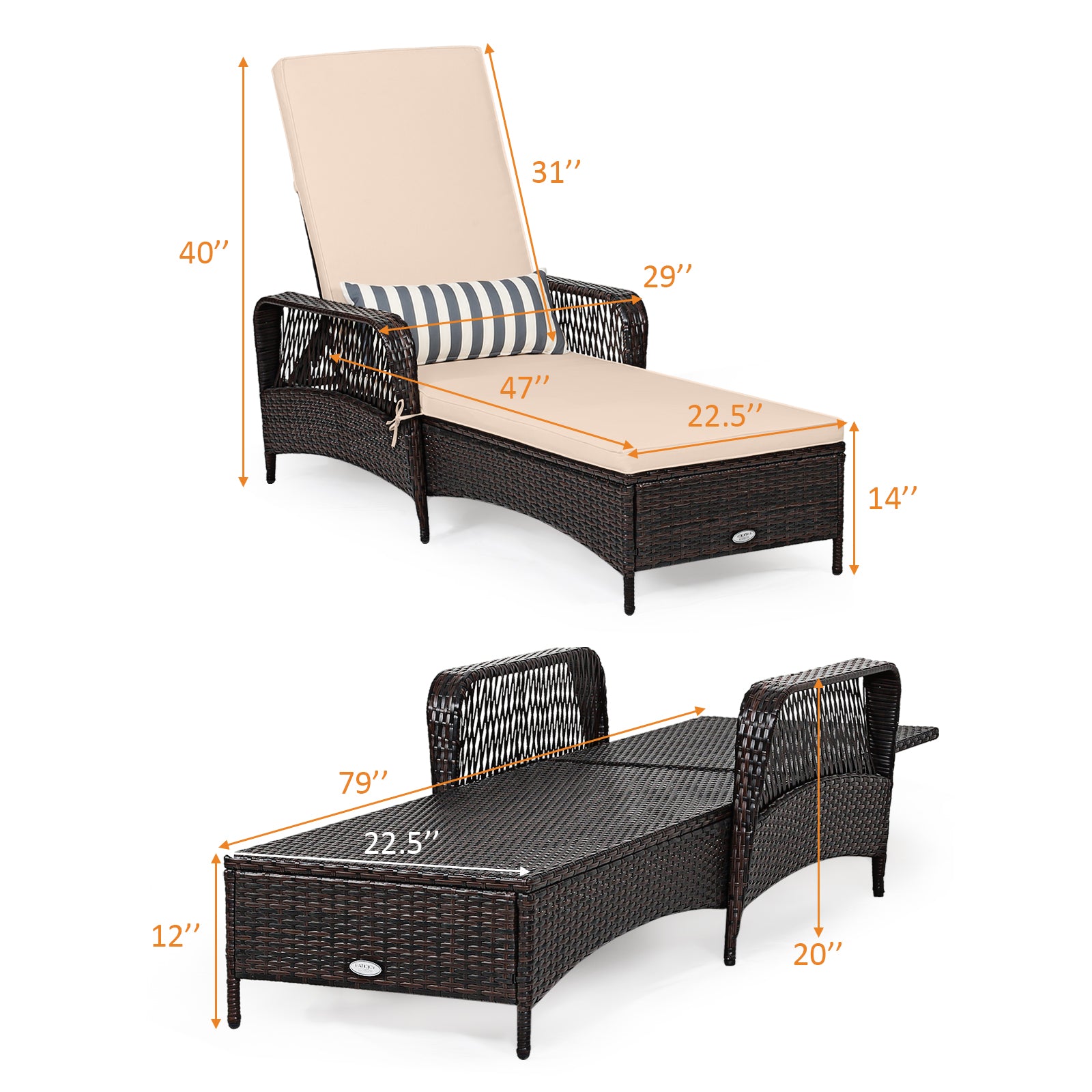 Outdoor Patio Wicker Chaise Lounge Chair with Adjustable Backrest and Pillow, Beige Outdoor Chaise Lounges at Gallery Canada