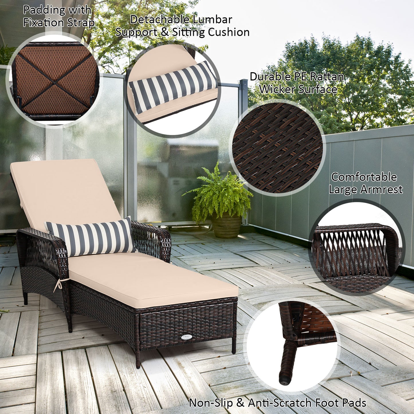 Outdoor Patio Wicker Chaise Lounge Chair with Adjustable Backrest and Pillow, Beige Outdoor Chaise Lounges at Gallery Canada