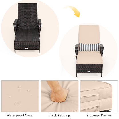 Outdoor Patio Wicker Chaise Lounge Chair with Adjustable Backrest and Pillow, Beige Outdoor Chaise Lounges at Gallery Canada