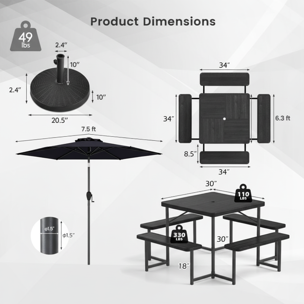 Outdoor Picnic Table Bench Set with Umbrella and Base for 4-8 People, Black Picnic Tables at Gallery Canada