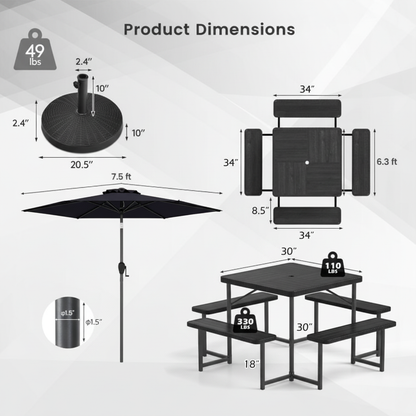 Outdoor Picnic Table Bench Set with Umbrella and Base for 4-8 People, Black Picnic Tables at Gallery Canada