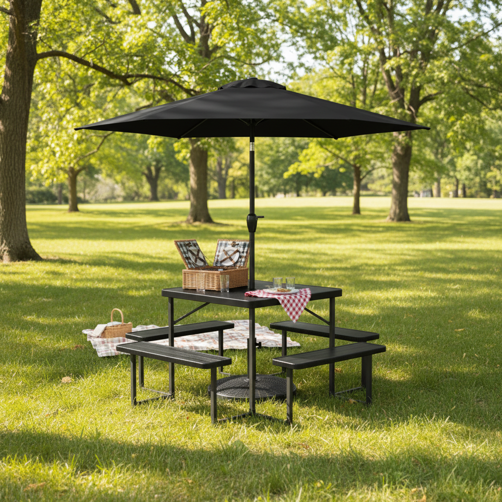 Outdoor Picnic Table Bench Set with Umbrella and Base for 4-8 People, Black Picnic Tables at Gallery Canada