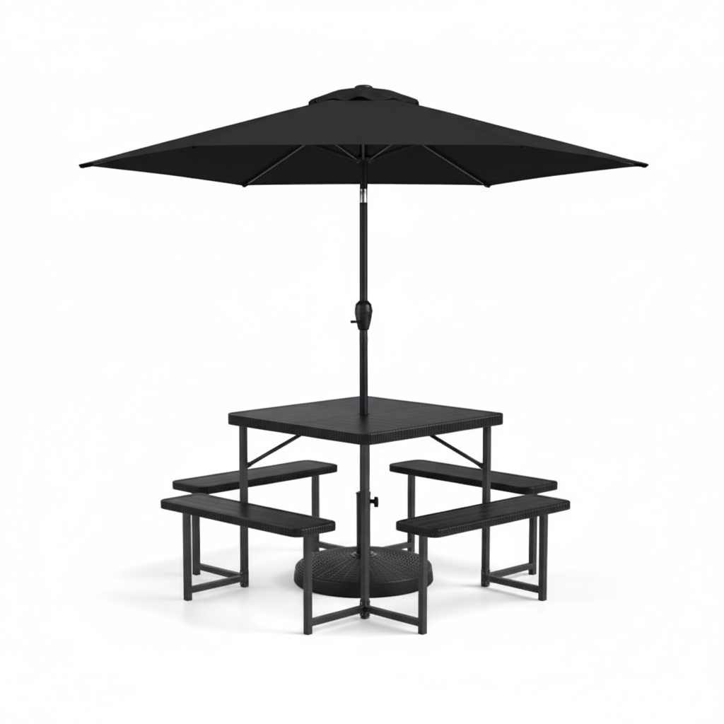 Outdoor Picnic Table Bench Set with Umbrella and Base for 4-8 People, Black Picnic Tables at Gallery Canada
